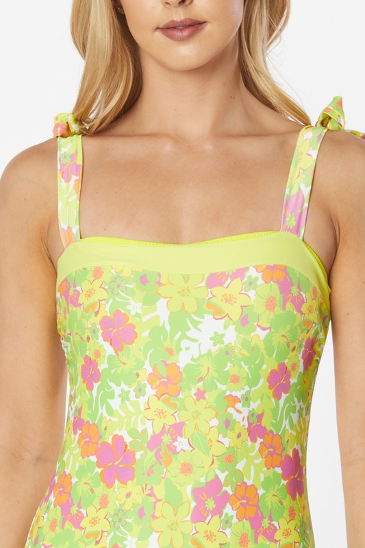 ONE PIECE BATHING SUIT FLORAL PRINT SHOULER TOP TI  Yellow S 