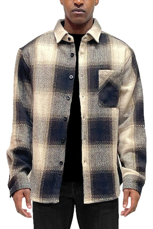 Checkered Plaid Flannel Shirt Jacket Mens Long Sleeve Shirt BROWN 2XL 