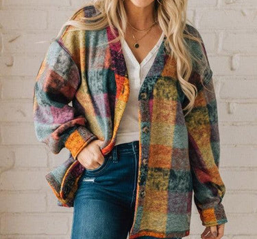 Mustard Red plaid button Shacket Cardigan Sweater