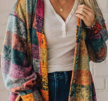 Mustard Red plaid button Shacket Cardigan Sweater