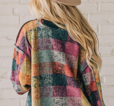 Mustard Red plaid button Shacket Cardigan Sweater