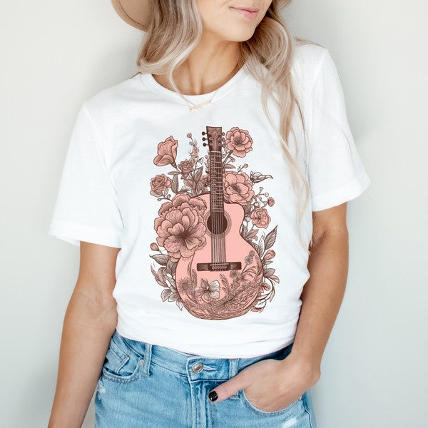 Pink Guitar Floral Short Sleeve Graphic Tee Womens Graphic T- Shirt White XS 