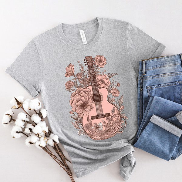 Pink Guitar Floral Short Sleeve Graphic Tee Womens Graphic T- Shirt H Grey XS 