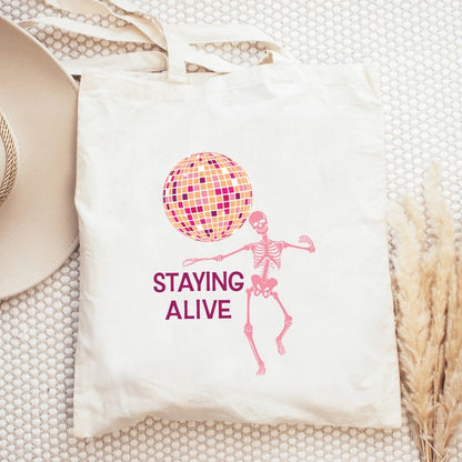 Staying Alive Disco Ball Graffic Tote Bag Natural 15x16 