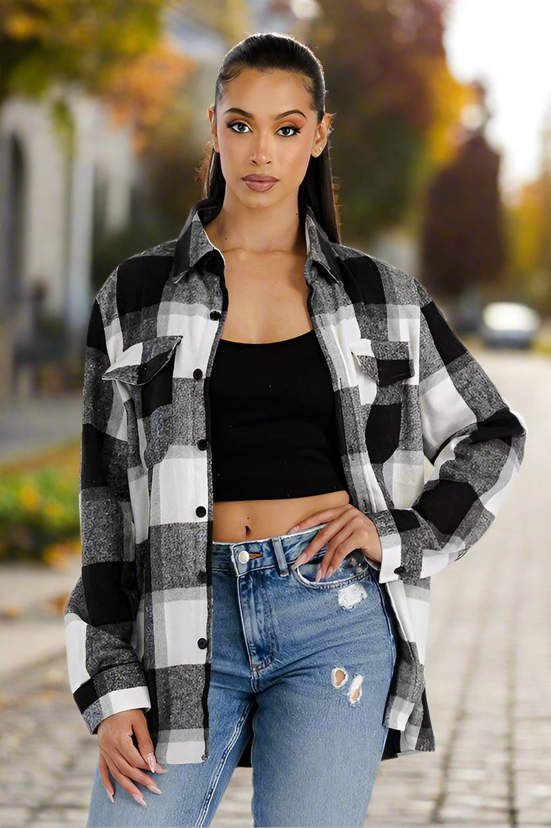 Boyfriend Oversized Soft Flannel Shacket Shacket BLACK WHITE S 