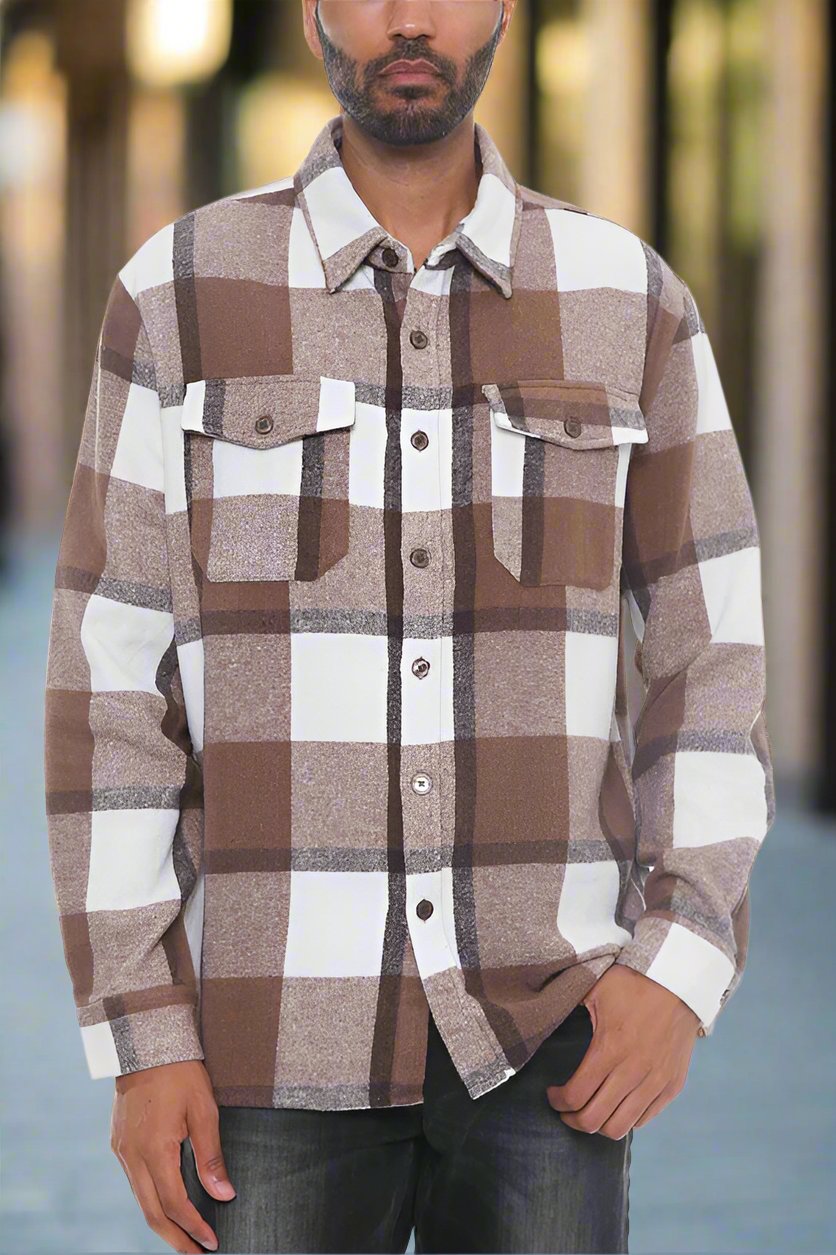 Mens Checkered Soft Flannel Jacket Mens Long Sleeve Shirt MOCHA WHITE 2XL 