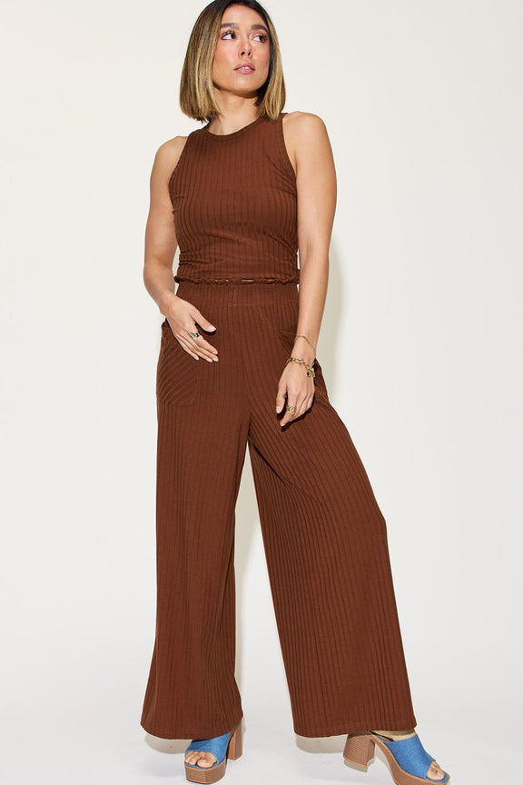 Basic Bae Full Size Ribbed Tank and Wide Leg Pants Set Womens Pant Set Burnt  Umber S 