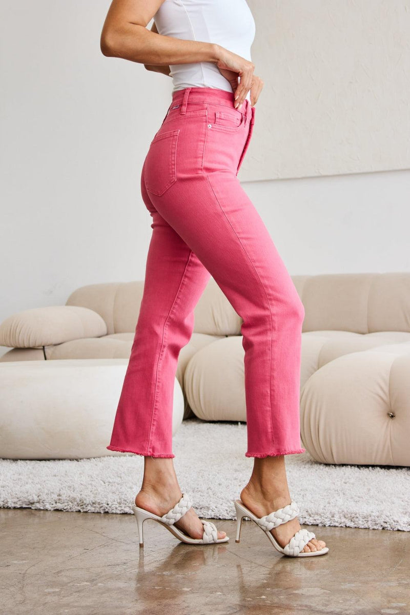 RFM Crop Dylan Tummy Control High Waist Raw Hem Jeans - Three Mad Hatters Mercantile 