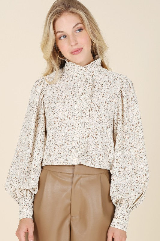 Stand collar floral frill blouse Long Sleeve Blouse Ivory floral S 