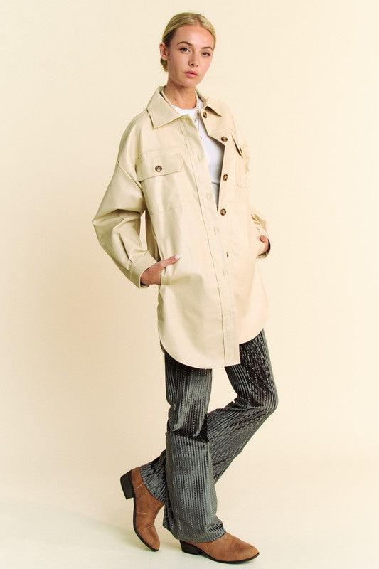 Davi & Dani Faux Leather Button Up Jacket with Chest Pockets - Three Mad Hatters Mercantile 