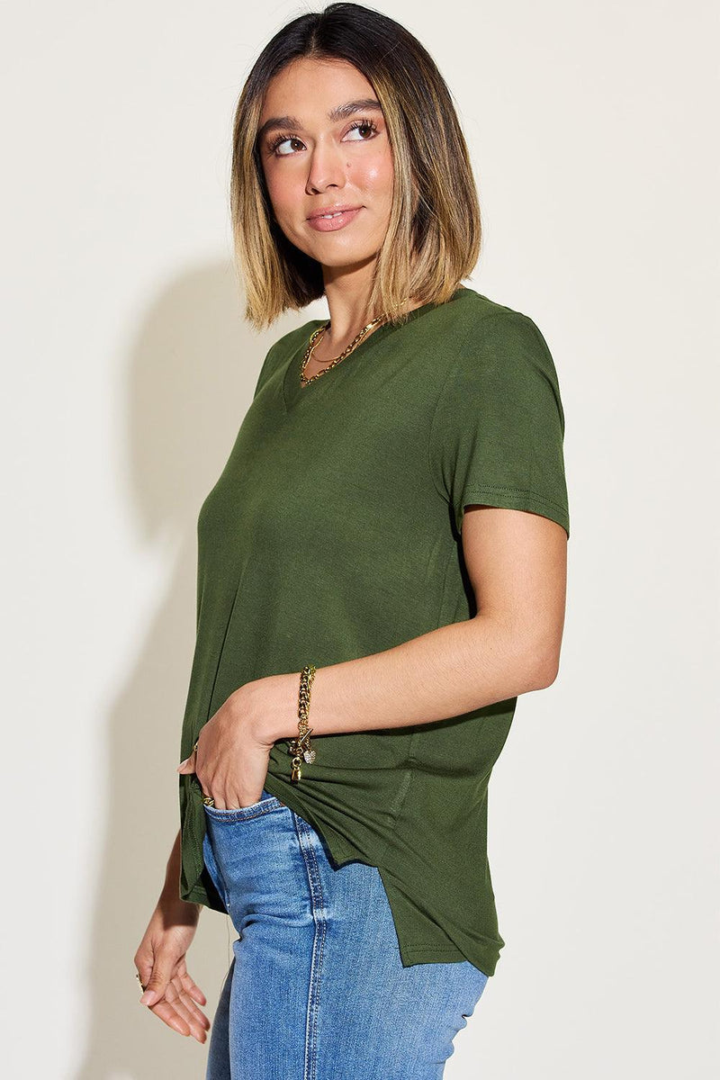 Basic Bae Full Size V-Neck High-Low T-Shirt - Three Mad Hatters Mercantile 