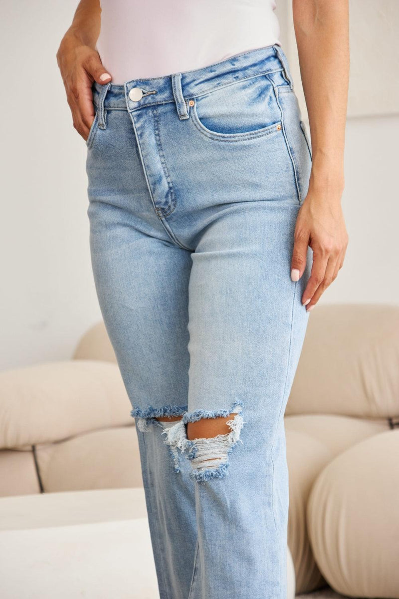 RFM Tummy Control High Waist Raw Hem Distressed Jeans - Three Mad Hatters Mercantile 