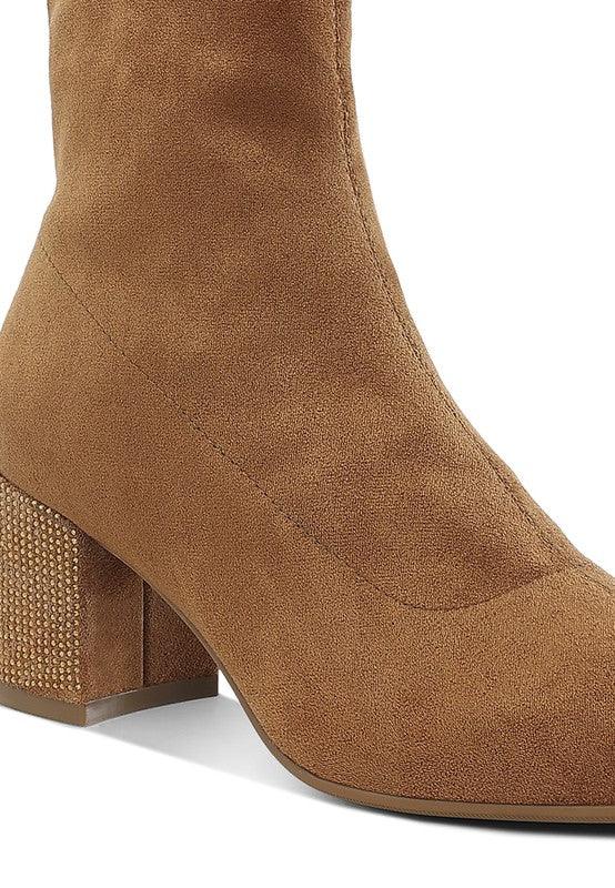 Chena Rhinestones Embellished Block Heel Boots - Three Mad Hatters Mercantile 