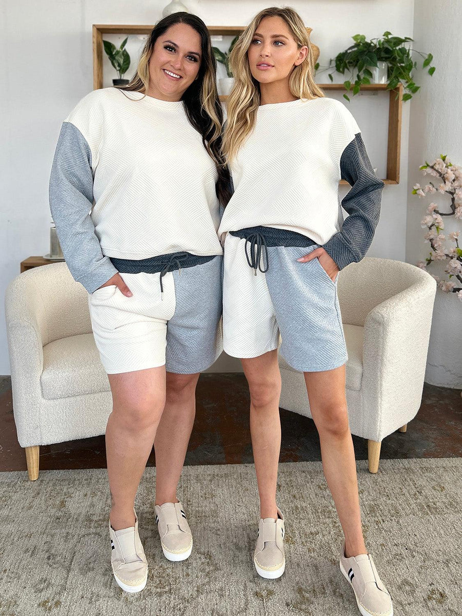 Double Take Contrast Drop Shoulder Top and Shorts Set - Three Mad Hatters Mercantile 