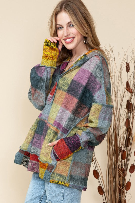 Plus Red Green Mustard Plaid Inside-out Hood Tunic Hoodie   