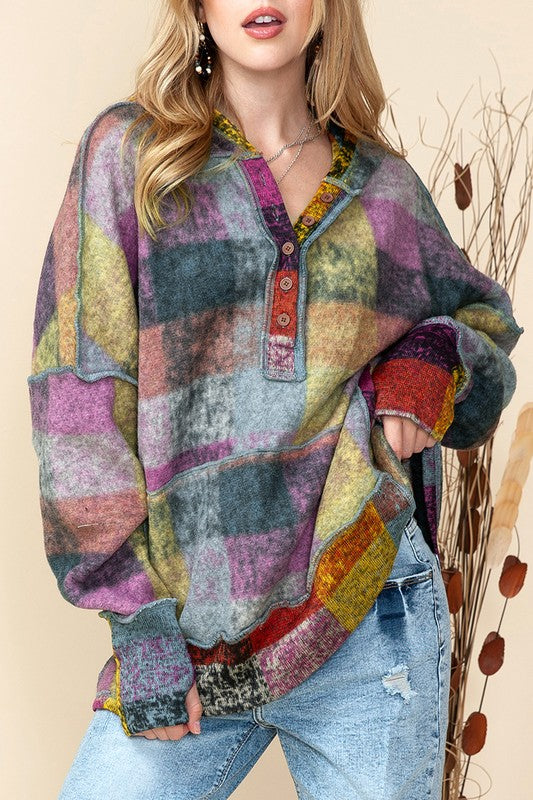 Plus Red Green Mustard Plaid Inside-out Hood Tunic Hoodie   