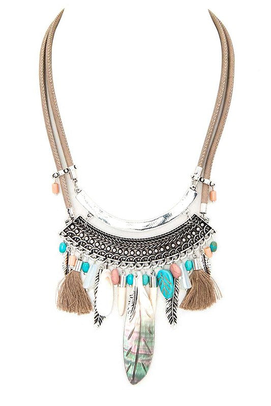 MOP Feather Charm Boho Statement Necklace Boho Necklace Taupe O/S 