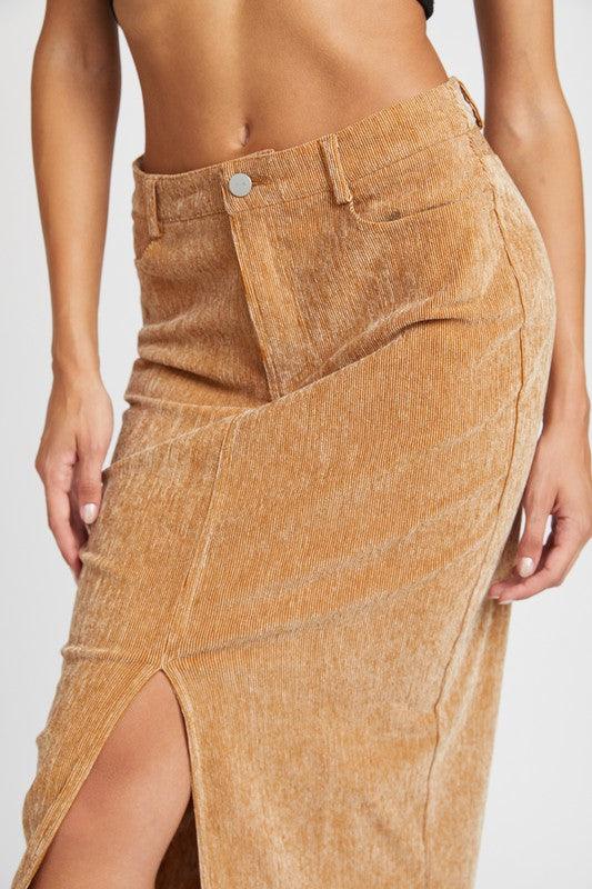 Corduroy Mid Skirt with Front Slit - Three Mad Hatters Mercantile 