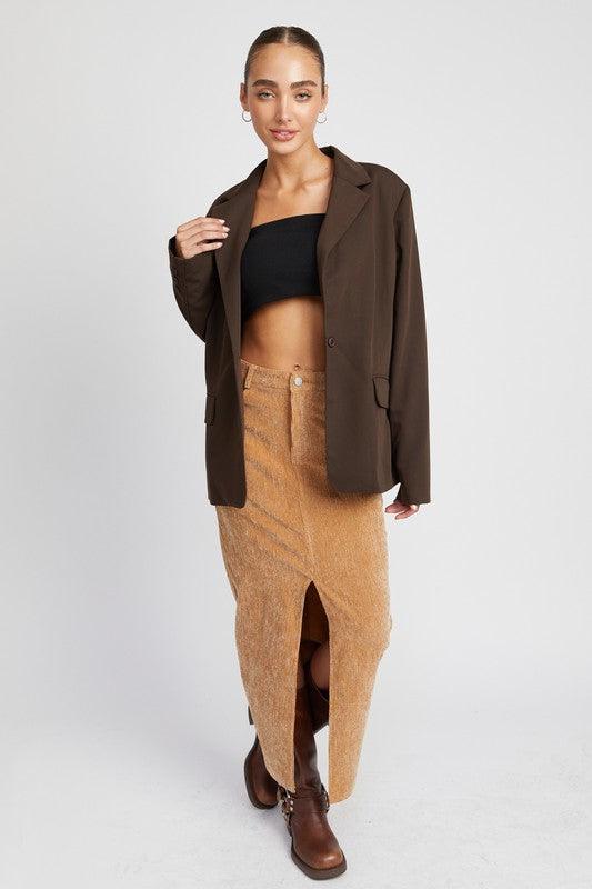 Corduroy Mid Skirt with Front Slit - Three Mad Hatters Mercantile 