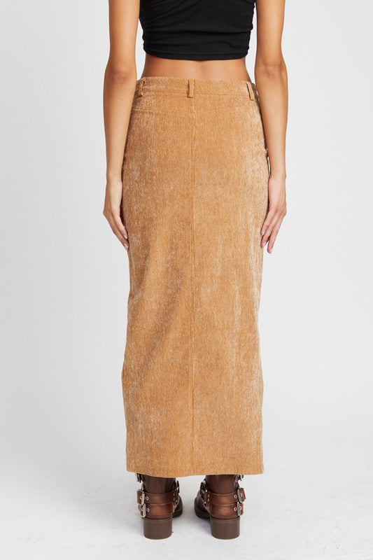 Corduroy Mid Skirt with Front Slit Midi Skirt   