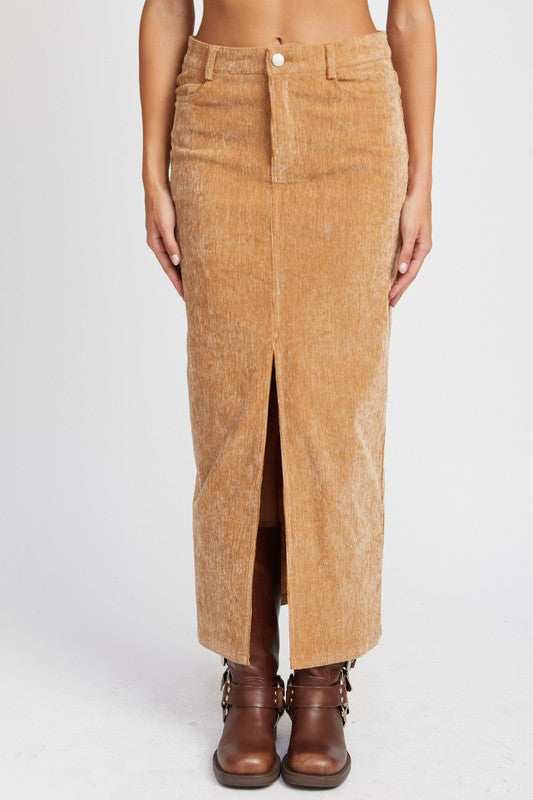 Corduroy Mid Skirt with Front Slit Midi Skirt TAN S 