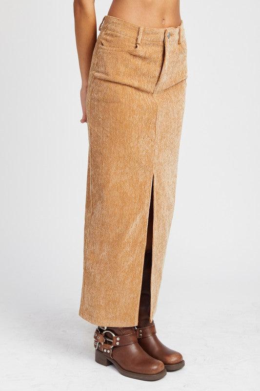 Corduroy Mid Skirt with Front Slit - Three Mad Hatters Mercantile 