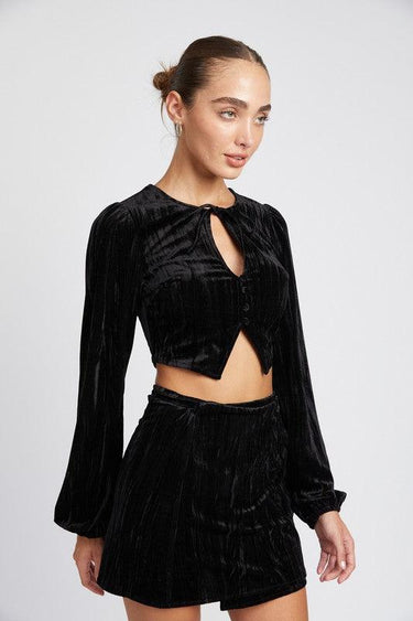Velvet Allure: Long Sleeve Keyhole Crop Top