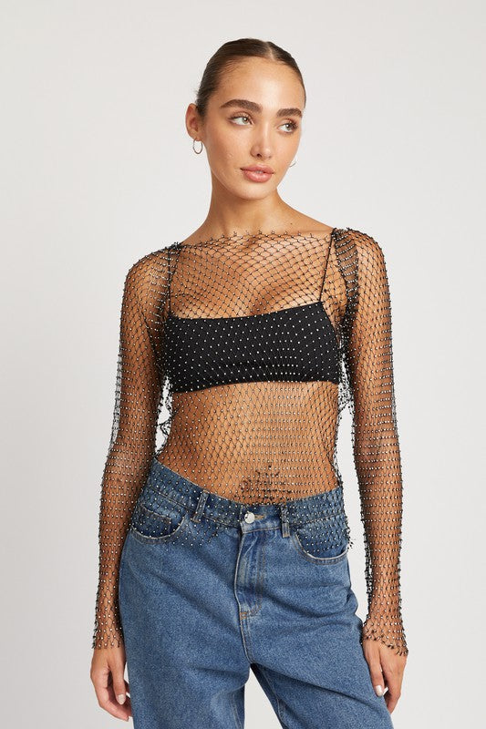 RHINESTONES NET TOP Net Top BLACK S 