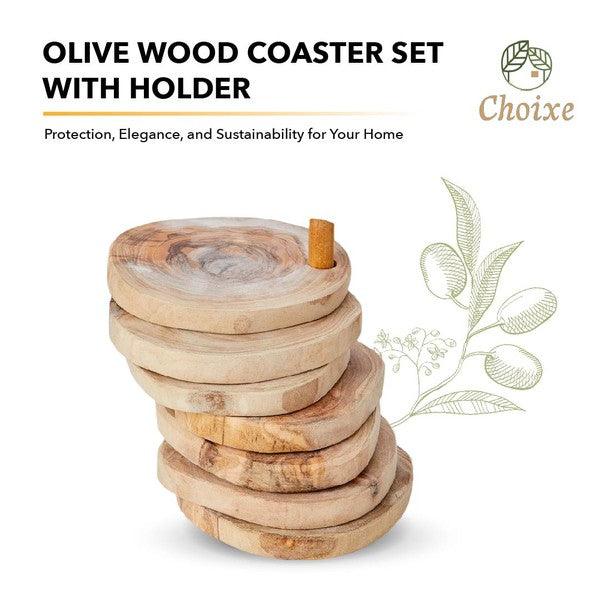 Olive Wood Coaster Set with Holder -7 Pcs - Three Mad Hatters Mercantile 