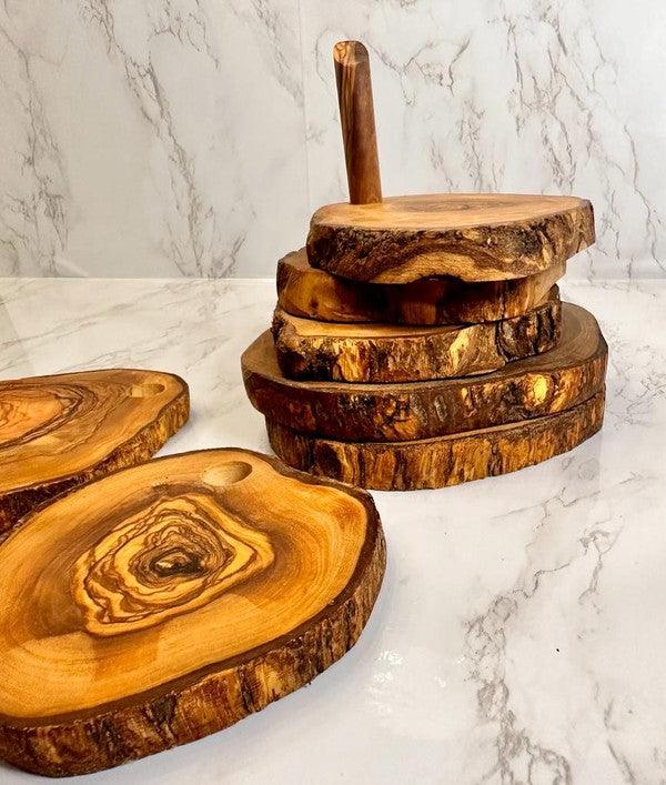 Olive Wood Coaster Set with Holder -7 Pcs - Three Mad Hatters Mercantile 