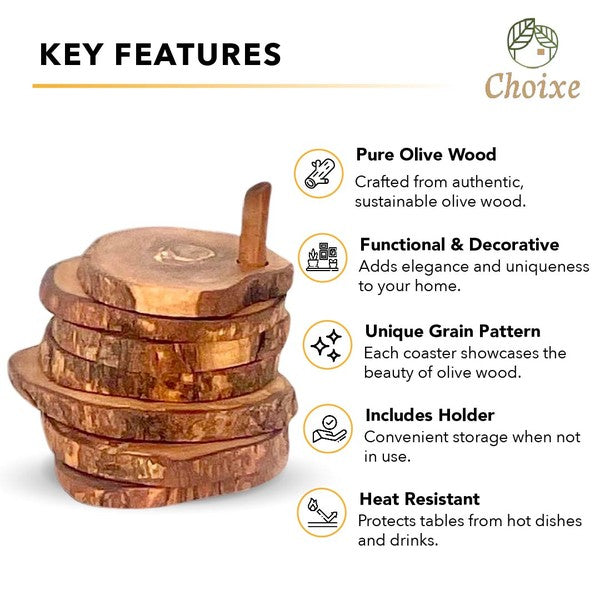 Olive Wood Coaster Set with Holder -7 Pcs    