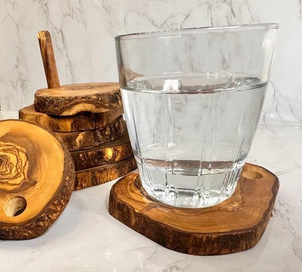 Olive Wood Coaster Set with Holder -7 Pcs - Three Mad Hatters Mercantile 