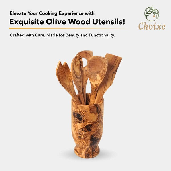 Olive Wood Kitchen Servers Set w/Holder -6 Pcs    