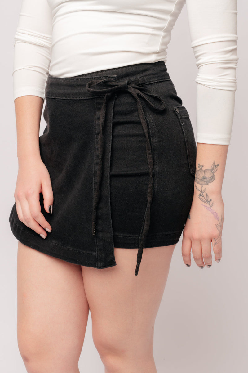 Bentli High Rise Side Tie Denim Skort in Black Womens Skirts   