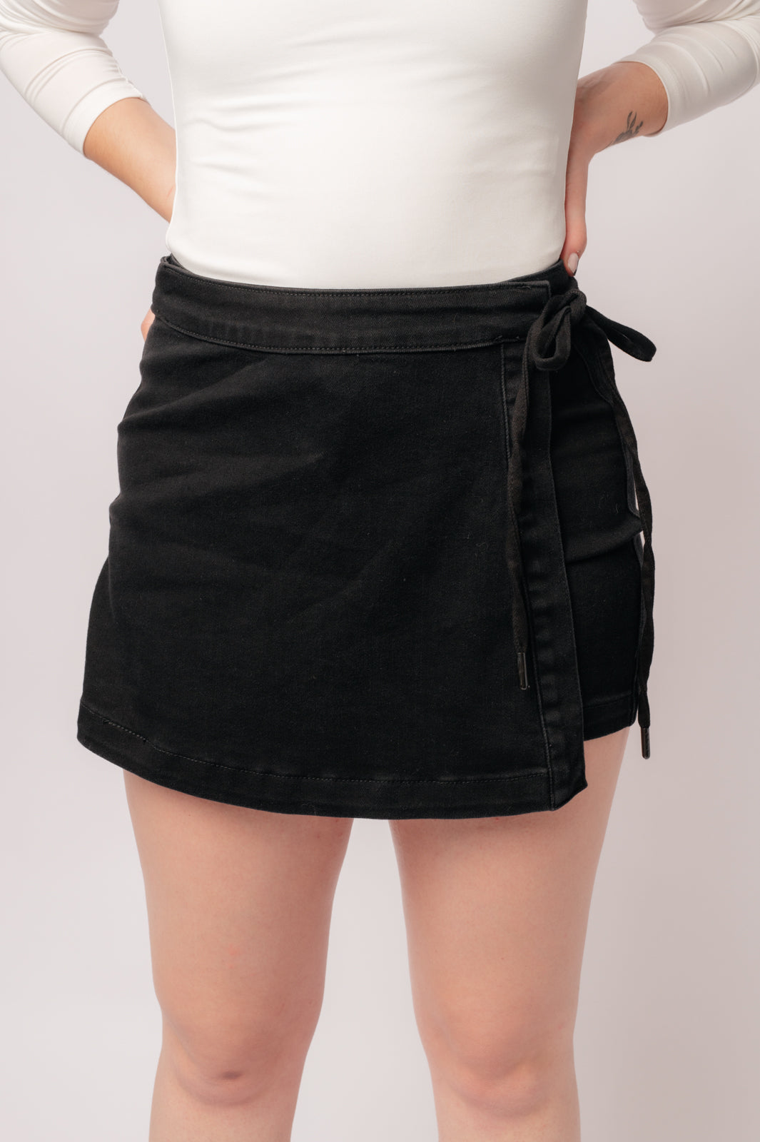 Bentli High Rise Side Tie Denim Skort in Black Womens Skirts   