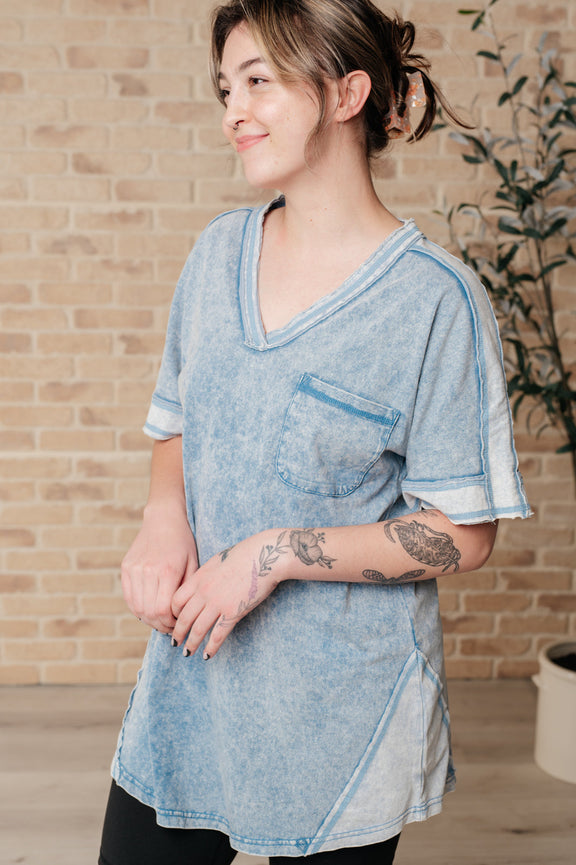 Earthy Chic Mineral Wash Mini Dress in Denim Womens Tops   