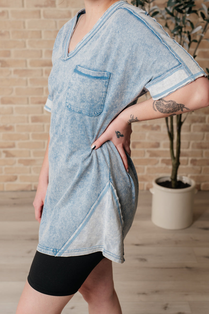 Earthy Chic Mineral Wash Mini Dress in Denim Womens Tops   