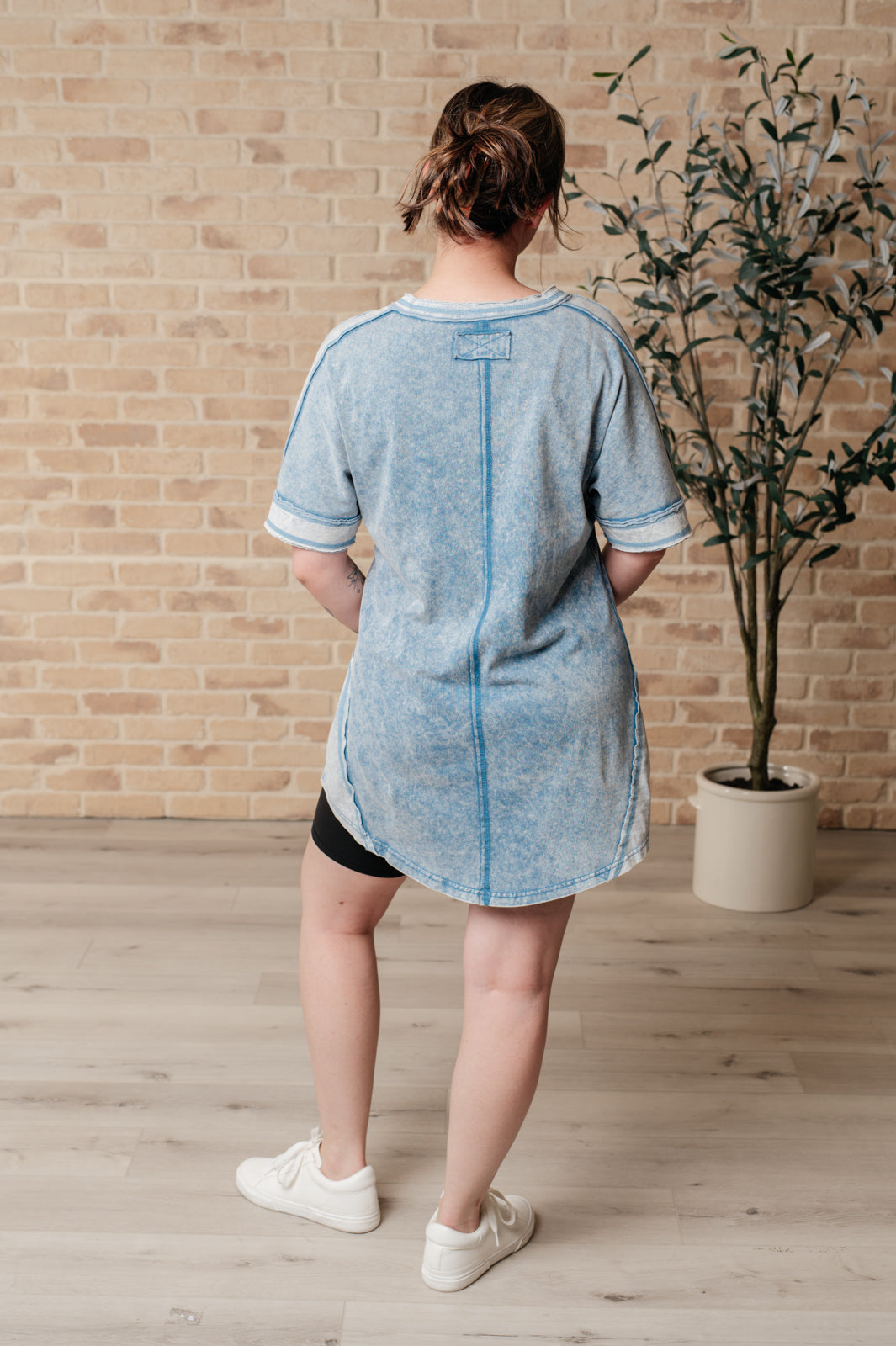 Earthy Chic Mineral Wash Mini Dress in Denim Womens Tops   