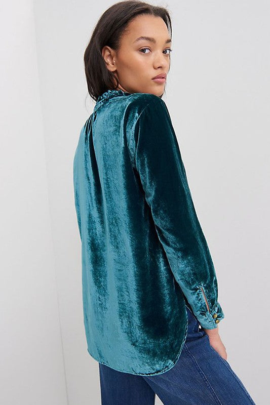 Velvet Button Frilled Neck Blouse Top Long Sleeve Blouse   