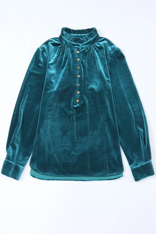 Velvet Button Frilled Neck Blouse Top Long Sleeve Blouse   