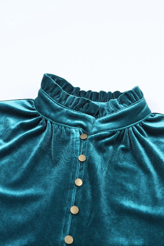 Velvet Button Frilled Neck Blouse Top Long Sleeve Blouse   