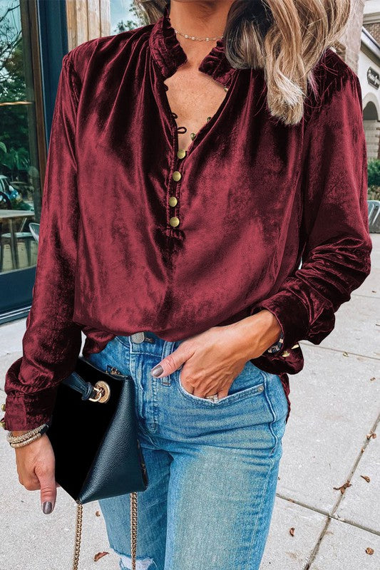 Velvet Button Frilled Neck Blouse Top Long Sleeve Blouse burgundy Small 