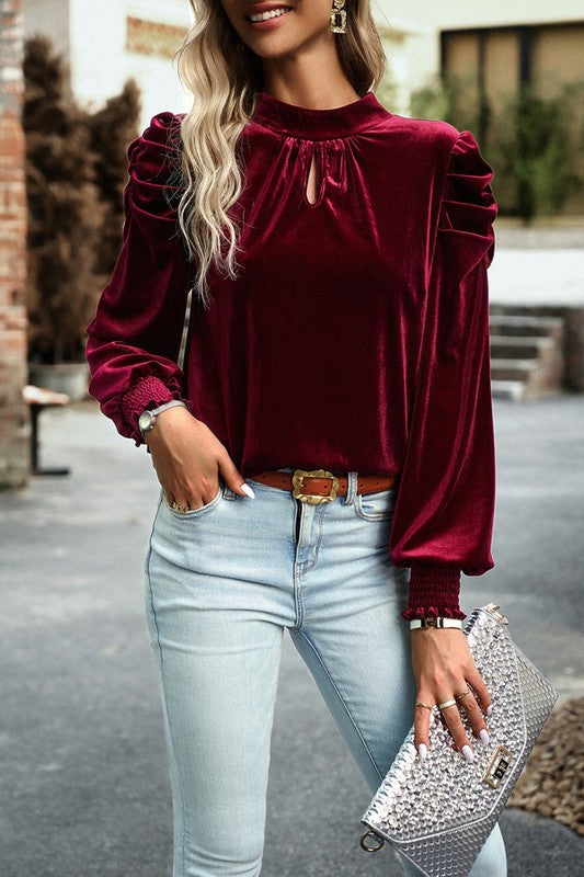 Puff Sleeve Key Hole Velvet Mock Smocked Blouse    