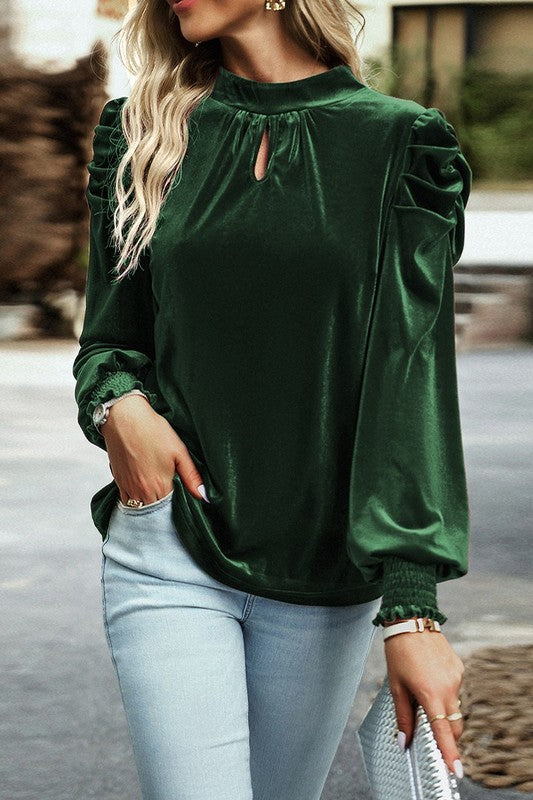 Puff Sleeve Key Hole Velvet Mock Smocked Blouse  Green S 