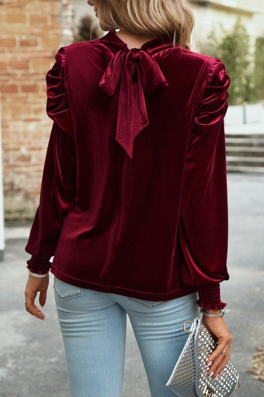 Puff Sleeve Key Hole Velvet Mock Smocked Blouse    