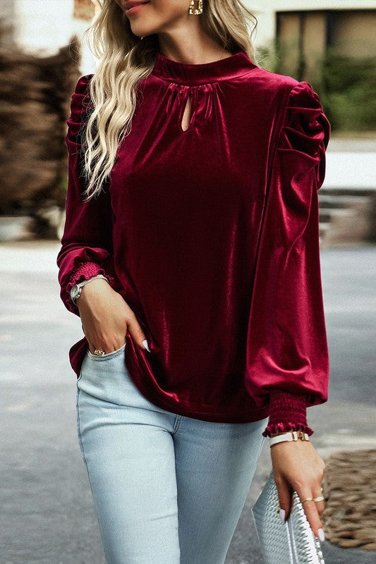 Puff Sleeve Key Hole Velvet Mock Smocked Blouse  Red S 