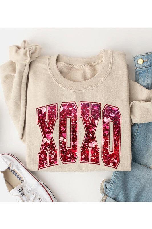 Fleece Sweatshirt Sequin XOXO - Three Mad Hatters Mercantile 