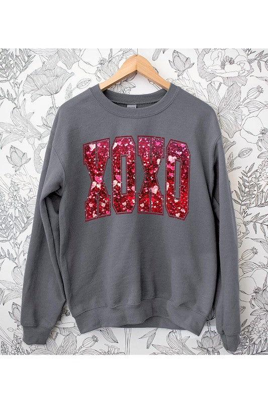 Fleece Sweatshirt Sequin XOXO - Three Mad Hatters Mercantile 