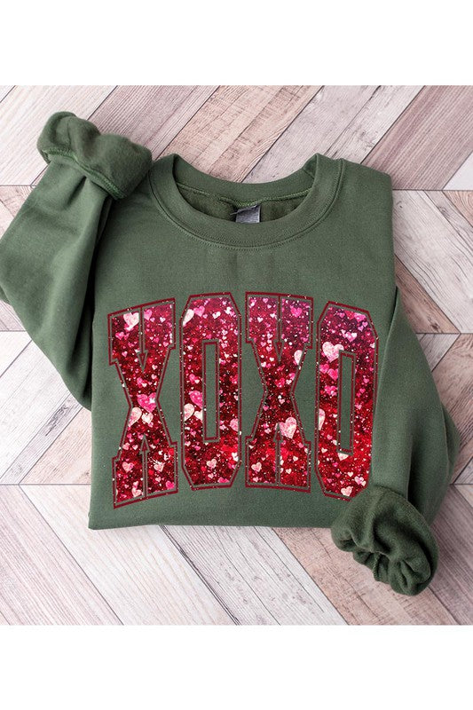 Fleece Sweatshirt Sequin XOXO sweatshirt MILITARY GREEN S 