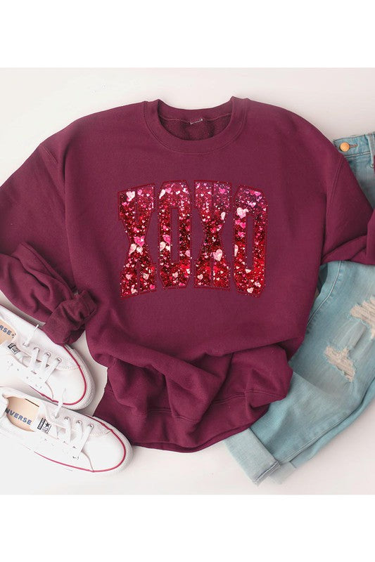 Fleece Sweatshirt Sequin XOXO sweatshirt MAROON S 